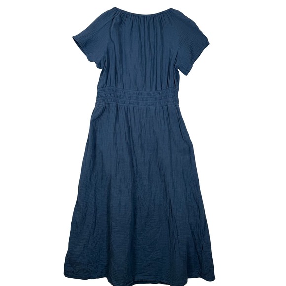 Pact Organic Cotton Double Gauze Smocked Midi Dress L Blue Short Sleeve Large L - Picture 2 of 12